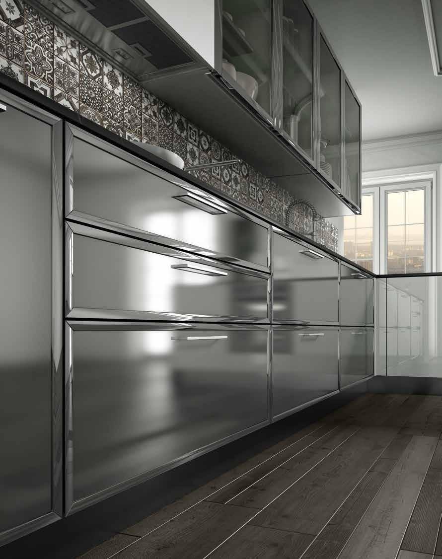 Steel kitchen, one-piece brushed stainless steel worktop
